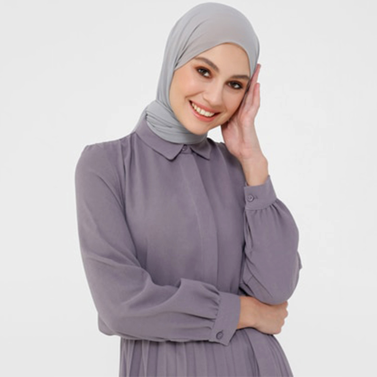 Women Pleated Lilac Collared Neck Tie Belt Maxi Dress Refka By Modanisa-women-clothing-dresses-image-2