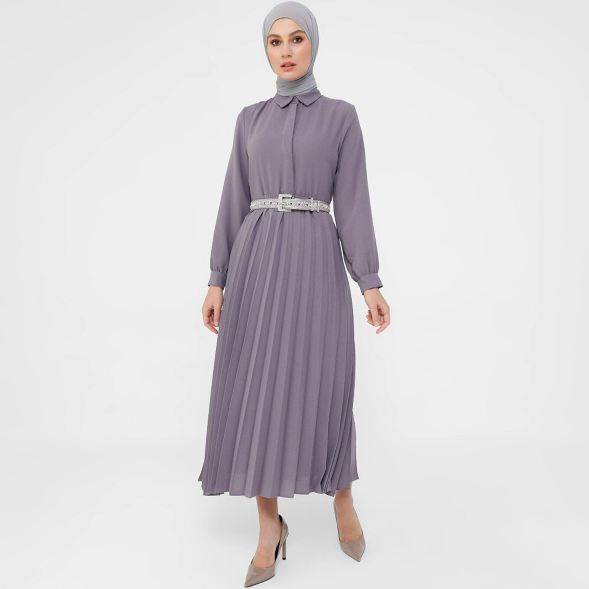 Women Pleated Lilac Collared Neck Tie Belt Maxi Dress Refka By Modanisa-women-clothing-dresses-image-7