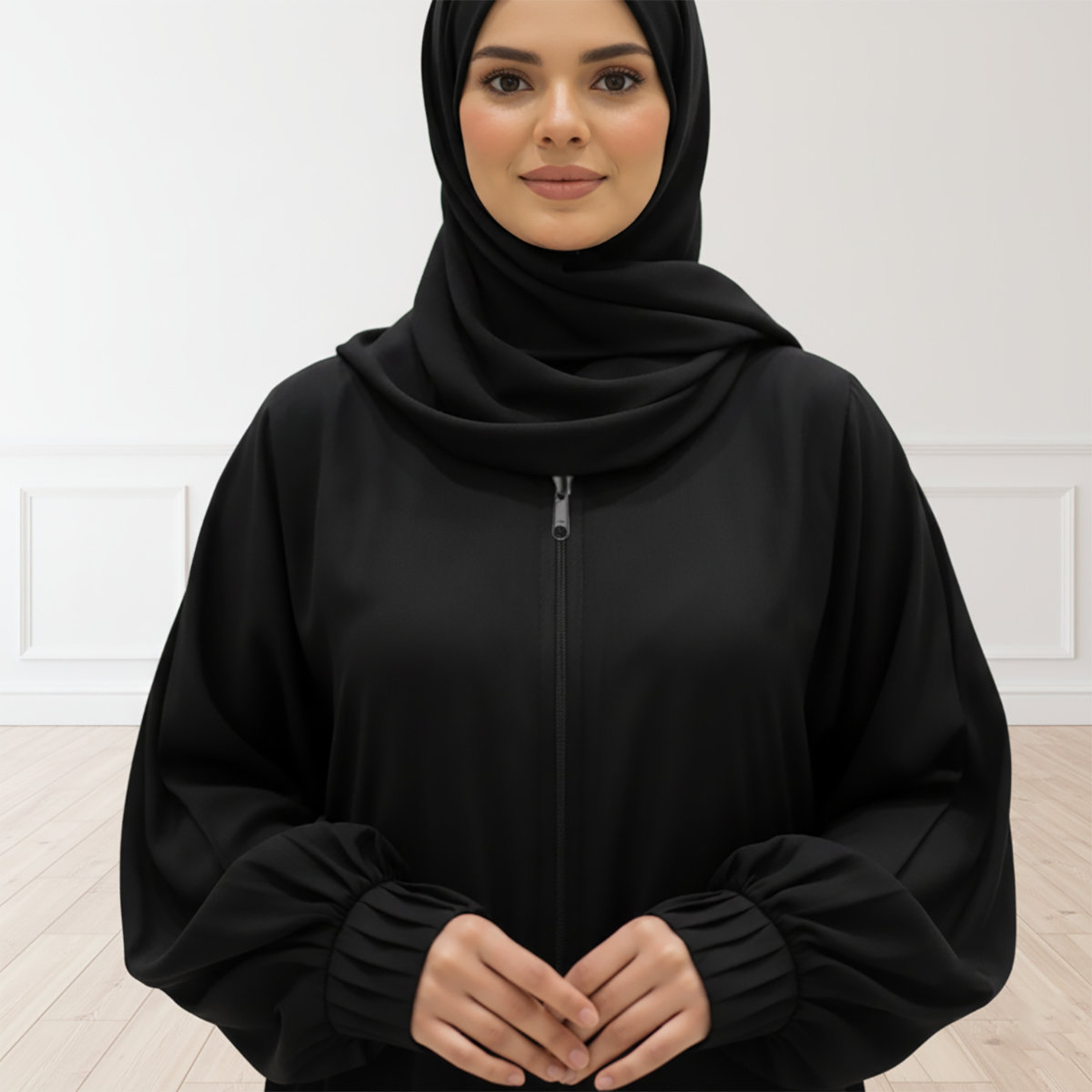Nukhbaa Black Balloon Sleeves Women's Abaya with Hijab-women-arabicclothing-abayas-image-2