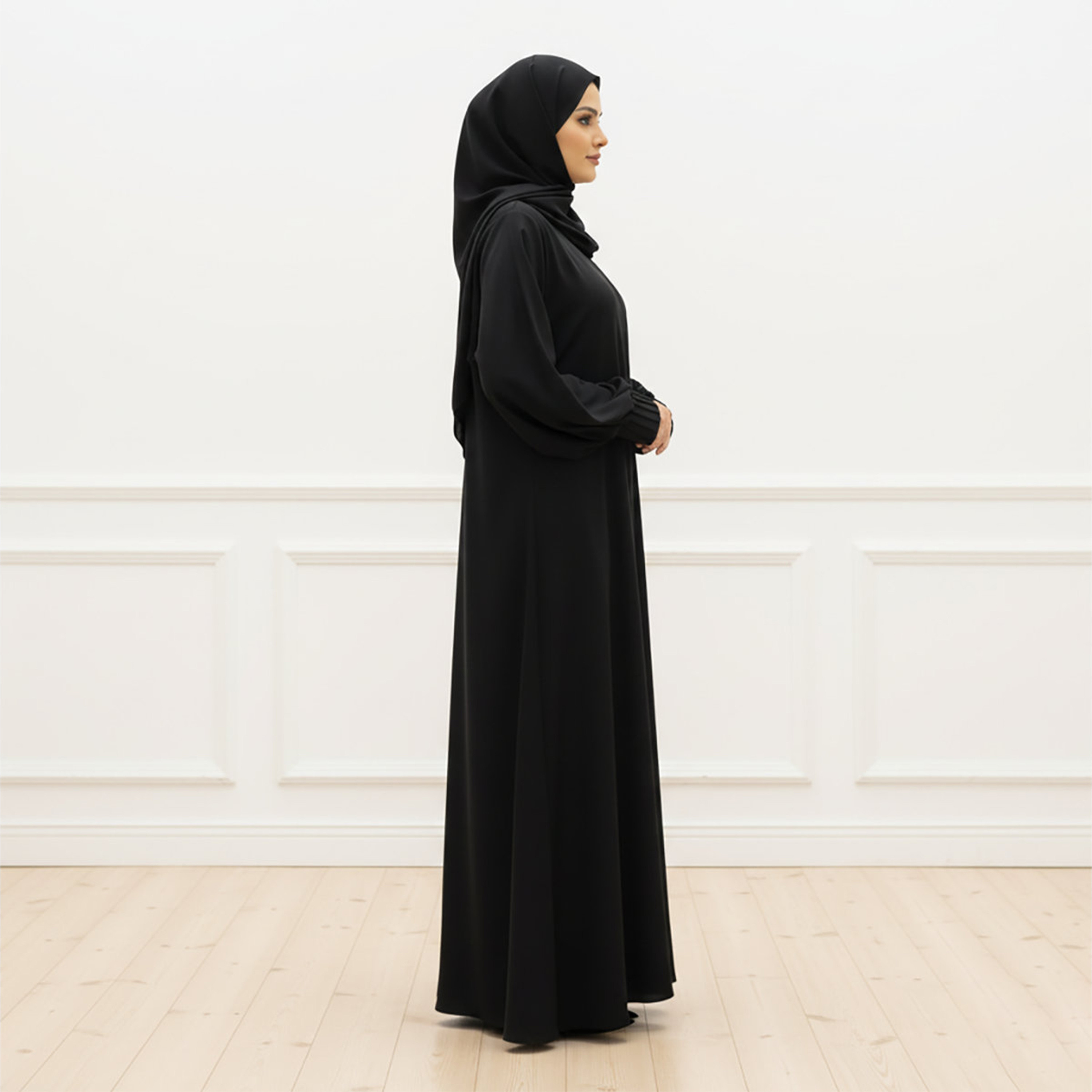 Nukhbaa Black Balloon Sleeves Women's Abaya with Hijab-women-arabicclothing-abayas-image-4