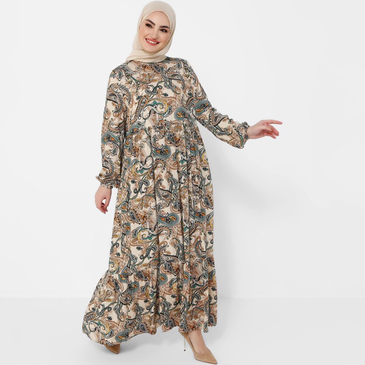 Women Paisley Yellow Long Sleeves Maxi Dress Tavin By Modanisa-women-clothing-dresses-image-1