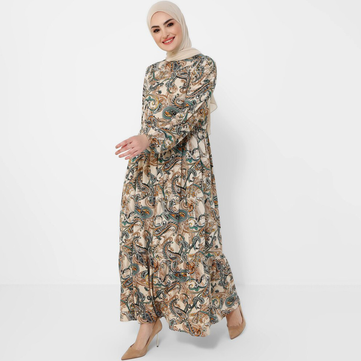 Women Paisley Yellow Long Sleeves Maxi Dress Tavin By Modanisa-women-clothing-dresses-image-3