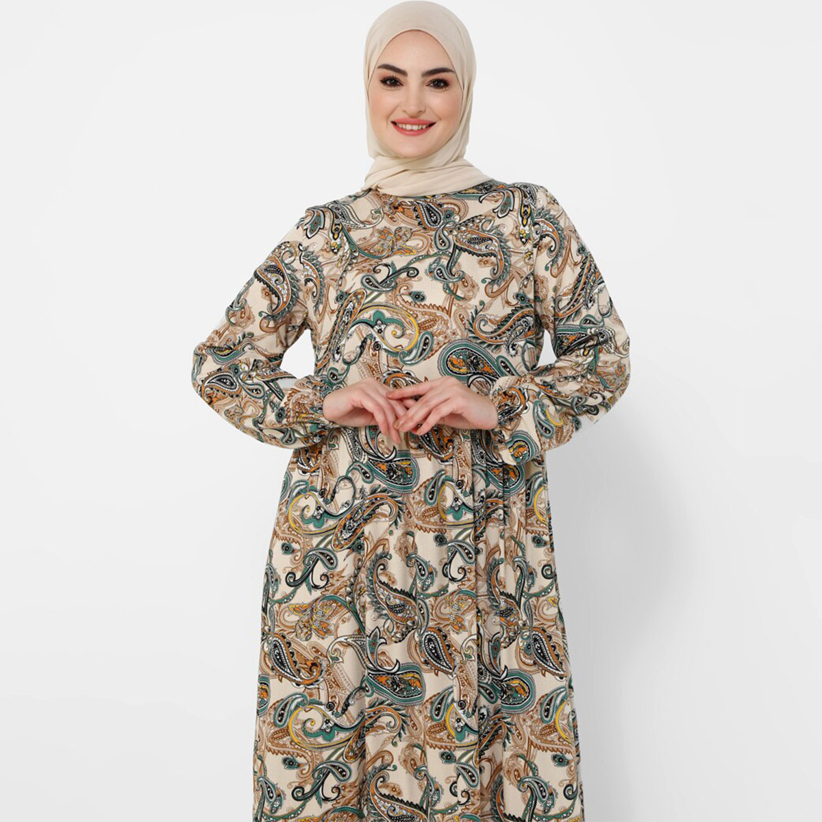 Women Paisley Yellow Long Sleeves Maxi Dress Tavin By Modanisa-women-clothing-dresses-image-4