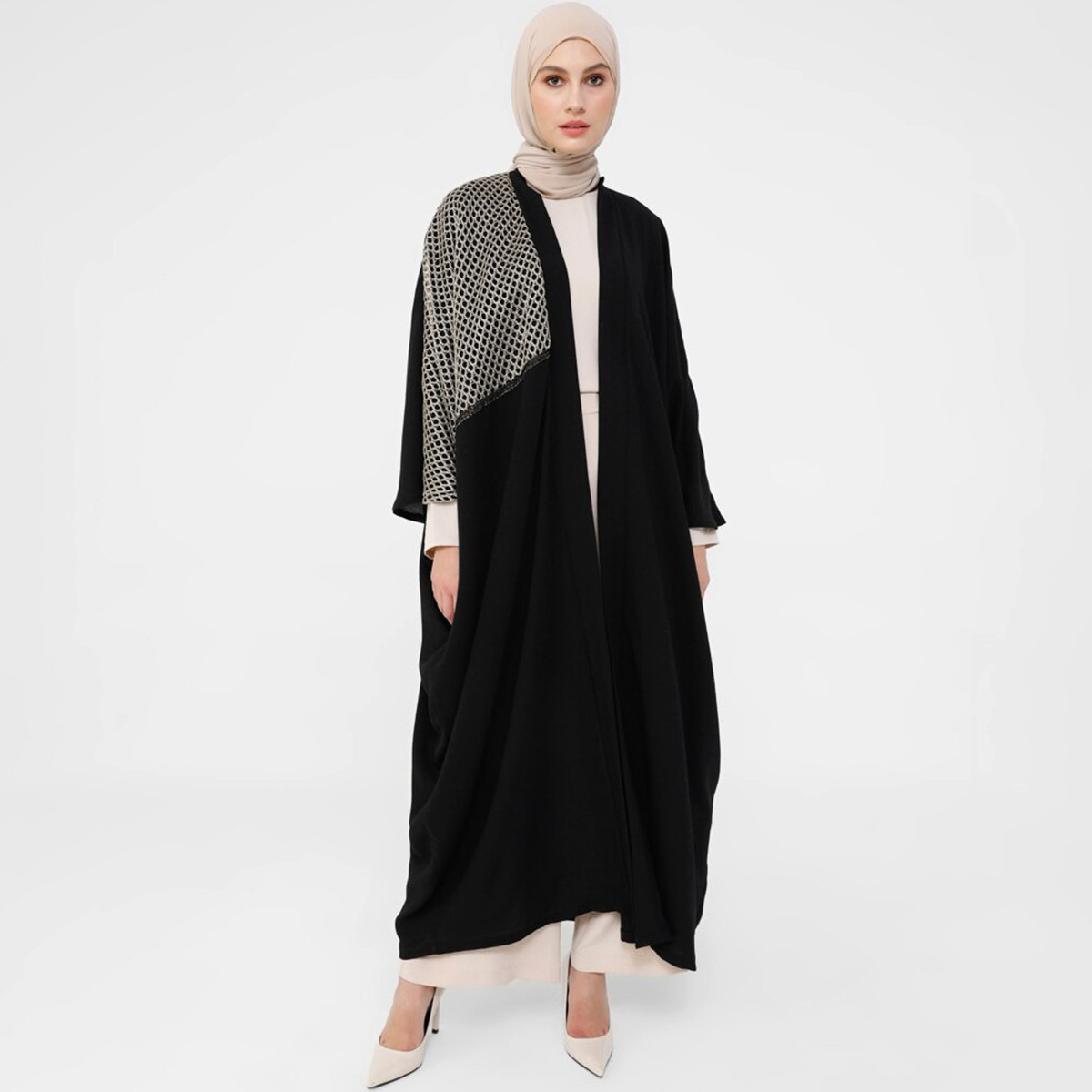 Women Solid Black Open Front Abaya Refka By Modanisa-women-arabicclothing-abayas-image-1
