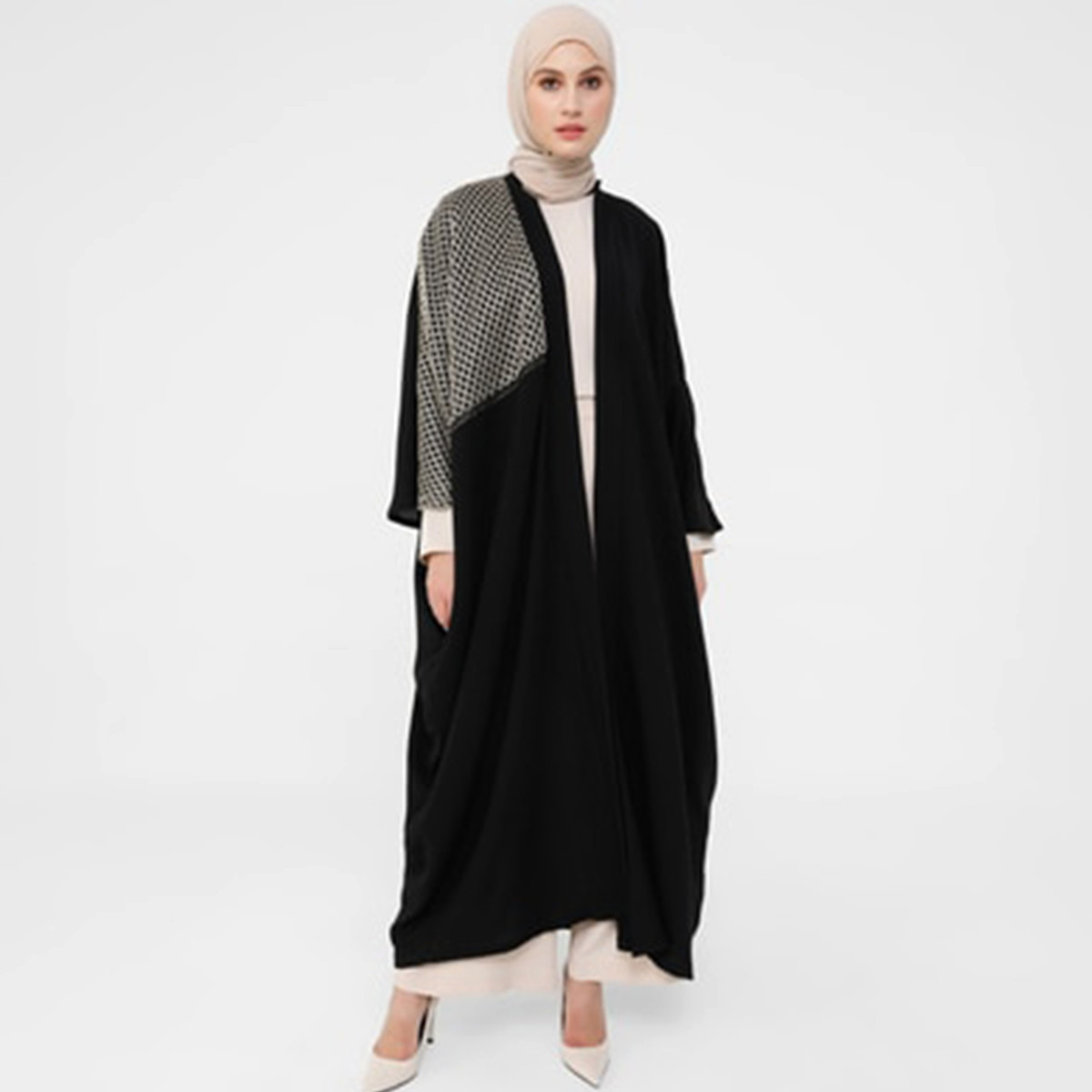 Women Solid Black Open Front Abaya Refka By Modanisa-women-arabicclothing-abayas-image-2