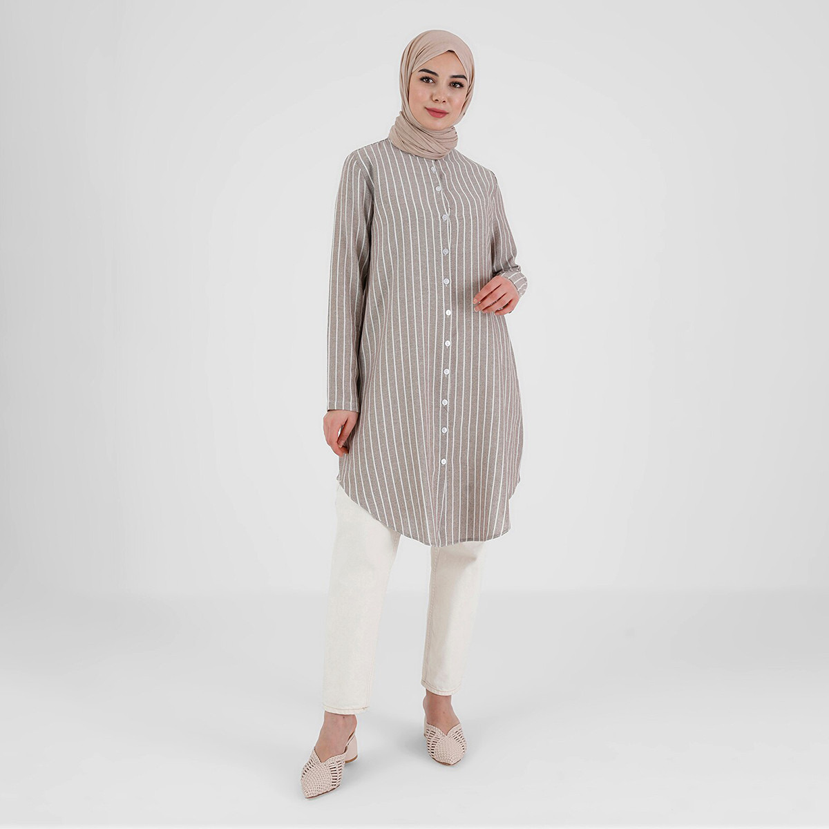 تونك نسائي من مودانيسا بلون بني مخطط بأزرار للنساء-women-clothing-shirtsandblouses-blouses-image-5