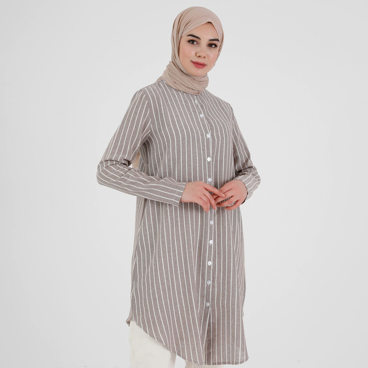 Modanisa Women Brown Striped Buttoned Tunic-women-clothing-shirtsandblouses-blouses-image-4