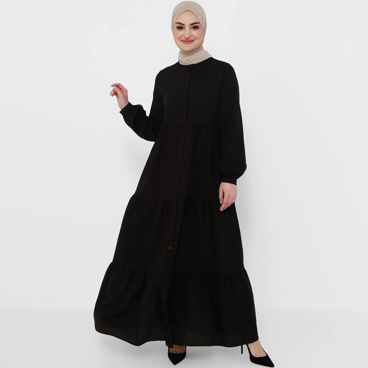 Women Solid Black Long Sleeves Buttoned Maxi Dress Tavin By Modanisa-women-clothing-dresses-image-1