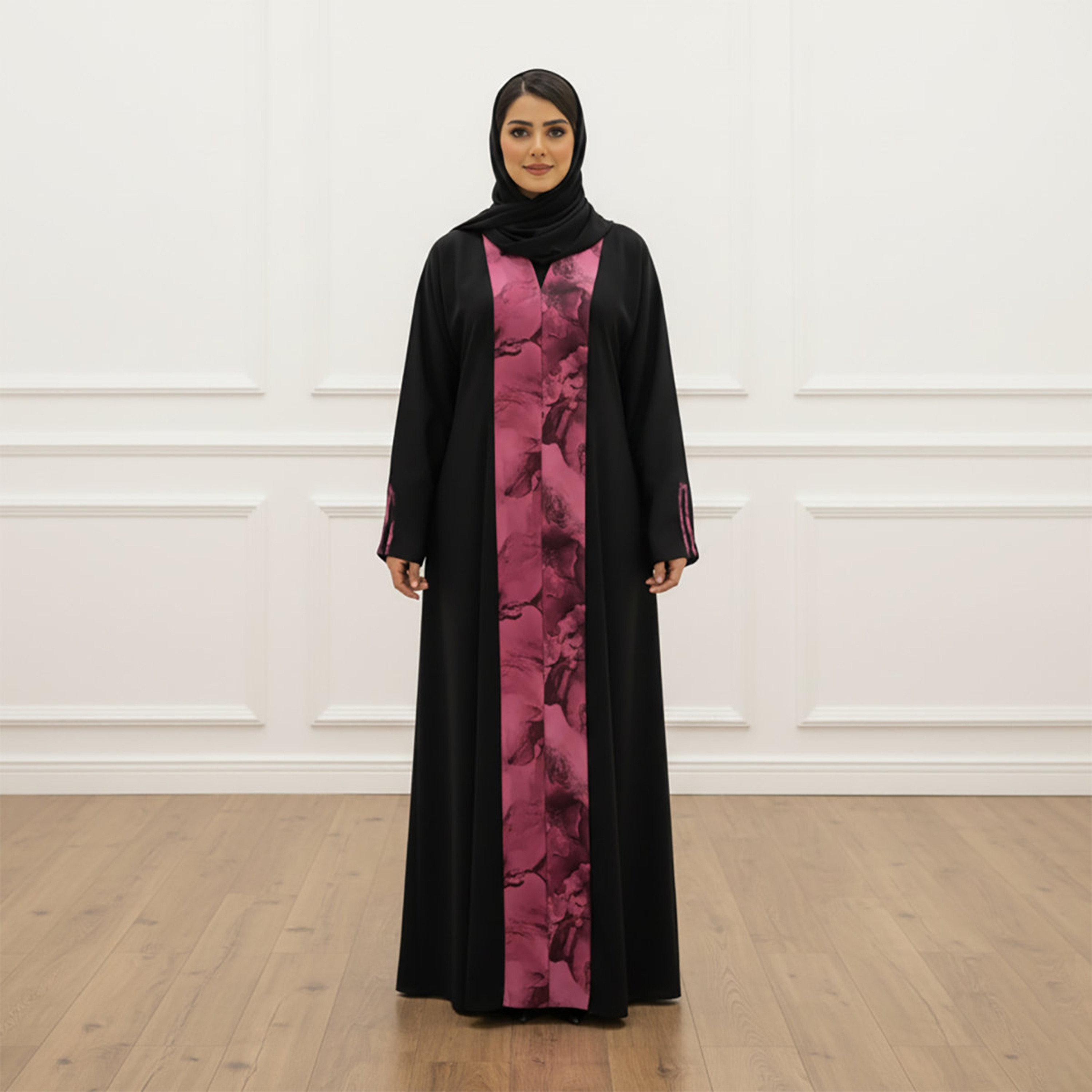 عباية نسائية سوداء بطبعة تجريدية وأكمام مشقوقة مع حجاب من نخبة-women-arabicclothing-abayas-image-1
