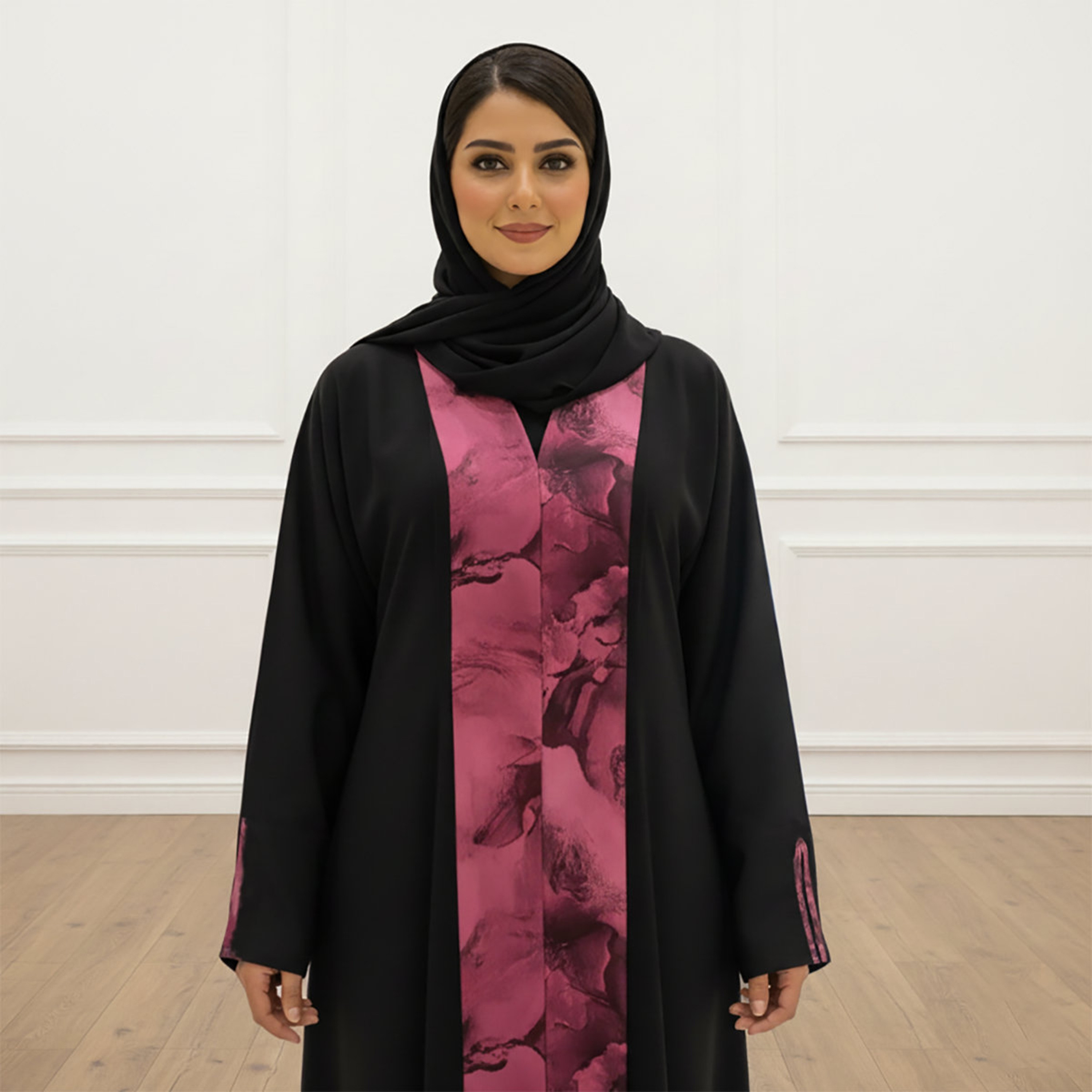 Nukhbaa Black Abstract Print Panelled Slit Sleeves Women's Abaya with Hijab-women-arabicclothing-abayas-image-2