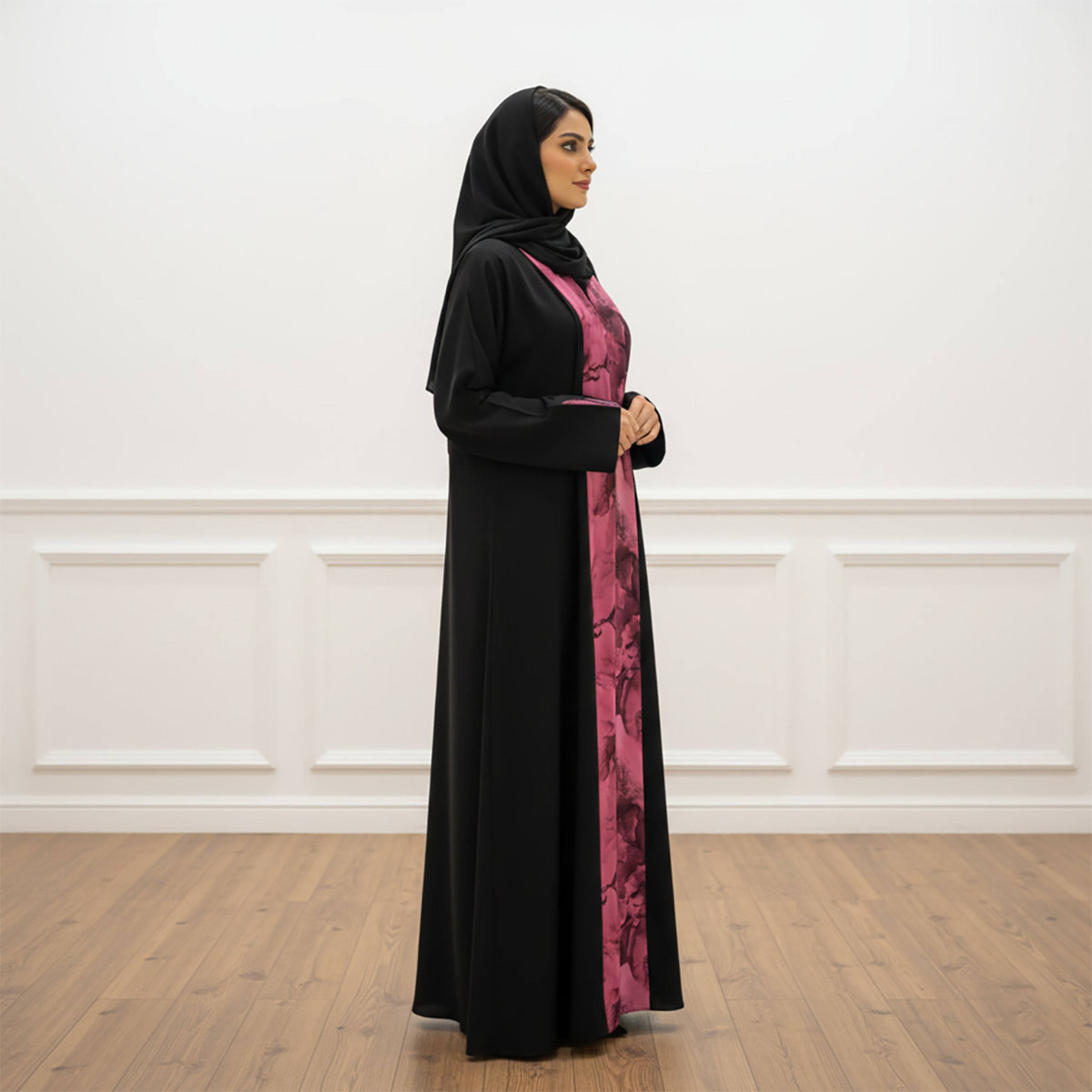 عباية نسائية سوداء بطبعة تجريدية وأكمام مشقوقة مع حجاب من نخبة-women-arabicclothing-abayas-image-3