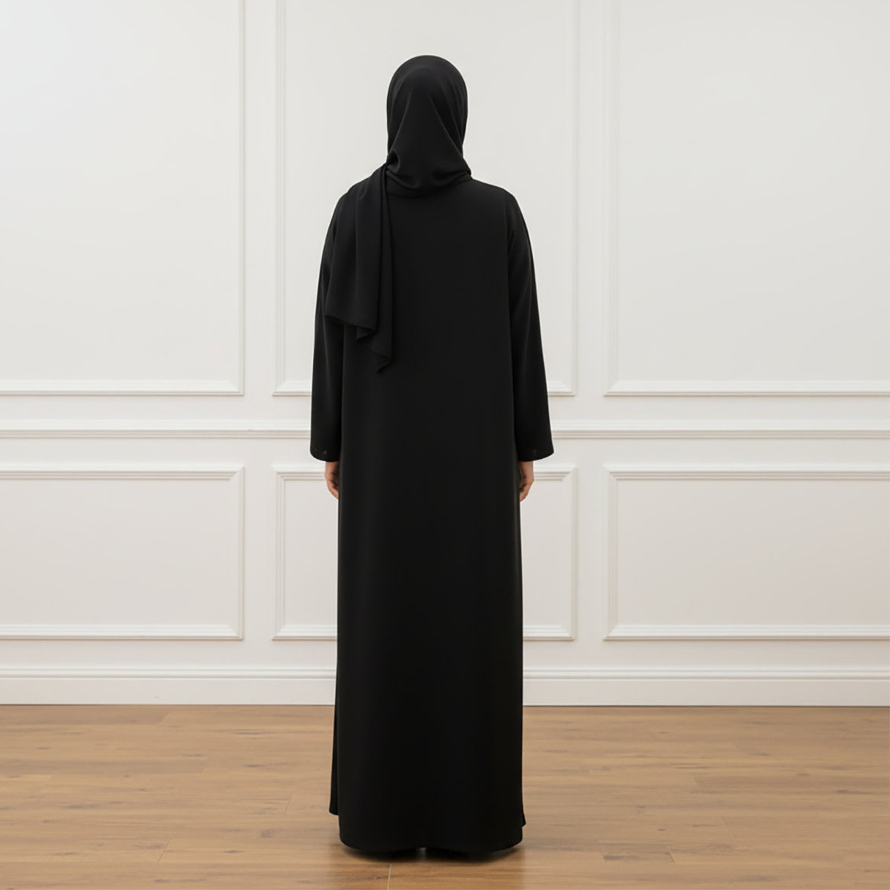 Nukhbaa Black Abstract Print Panelled Slit Sleeves Women's Abaya with Hijab-women-arabicclothing-abayas-image-4