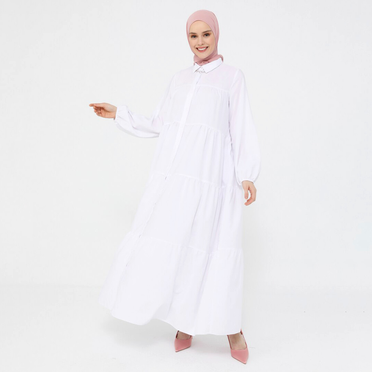 جلابية نسائية مع جيب من مودانيسا مع بیضاء سادة بياقة دائرية مع أزرار-women-clothing-dresses-image-1