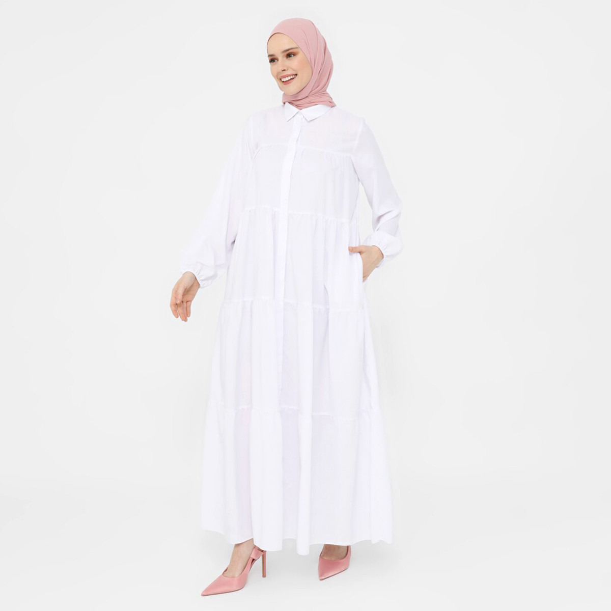 جلابية نسائية مع جيب من مودانيسا مع بیضاء سادة بياقة دائرية مع أزرار-women-clothing-dresses-image-3