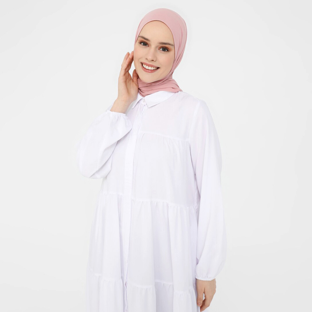 جلابية نسائية مع جيب من مودانيسا مع بیضاء سادة بياقة دائرية مع أزرار-women-clothing-dresses-image-4