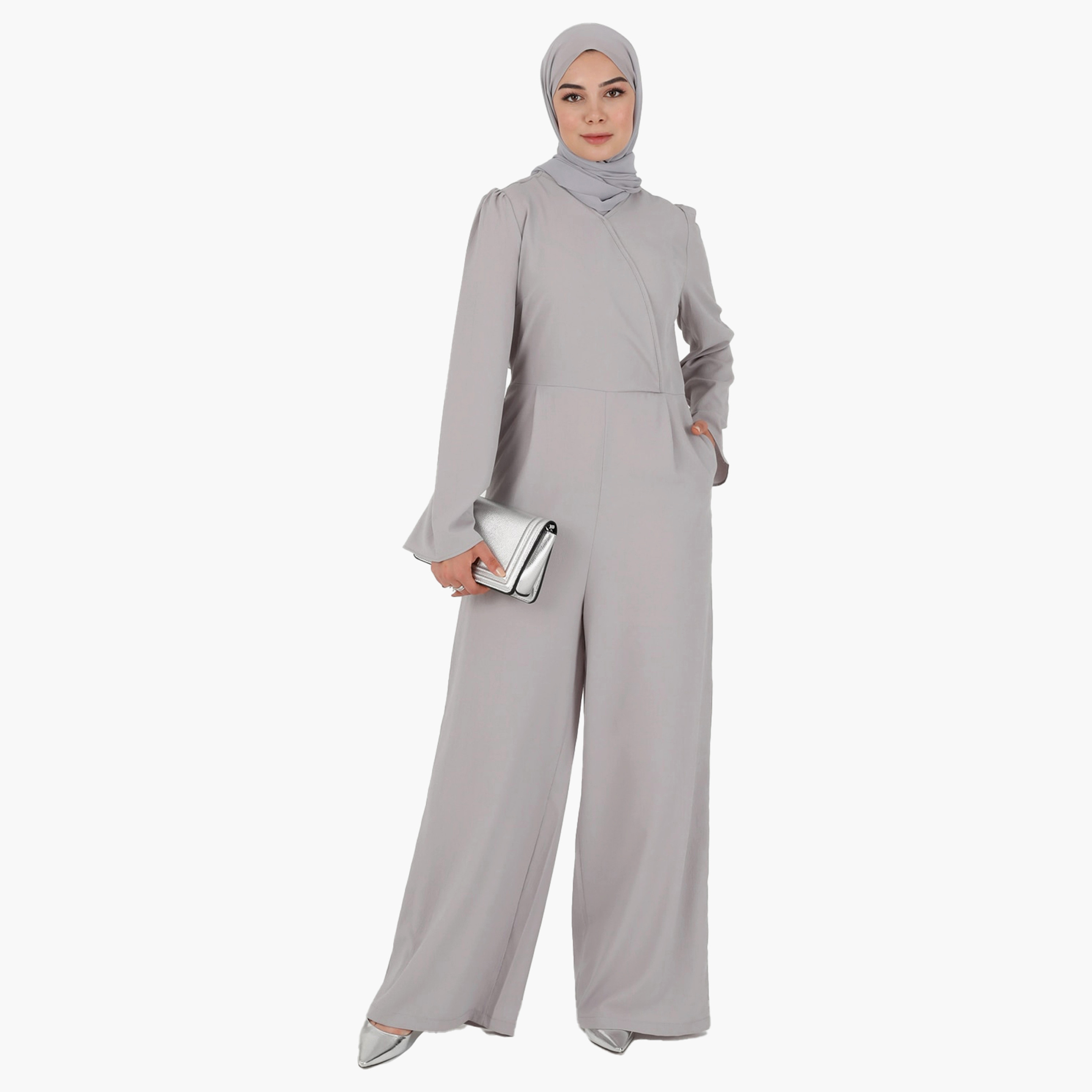 Modanisa Plain V-Neck Jumpsuit with Back Zip Closure-women-clothing-dresses-image-1