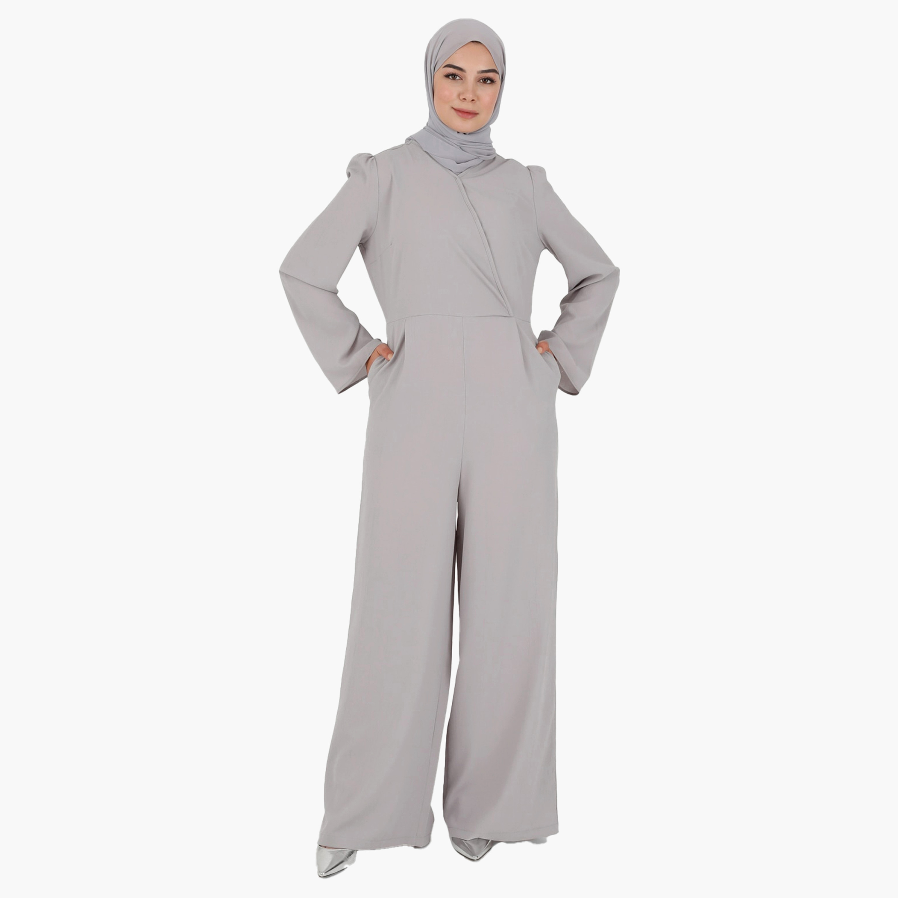 Modanisa Plain V-Neck Jumpsuit with Back Zip Closure-women-clothing-dresses-image-2
