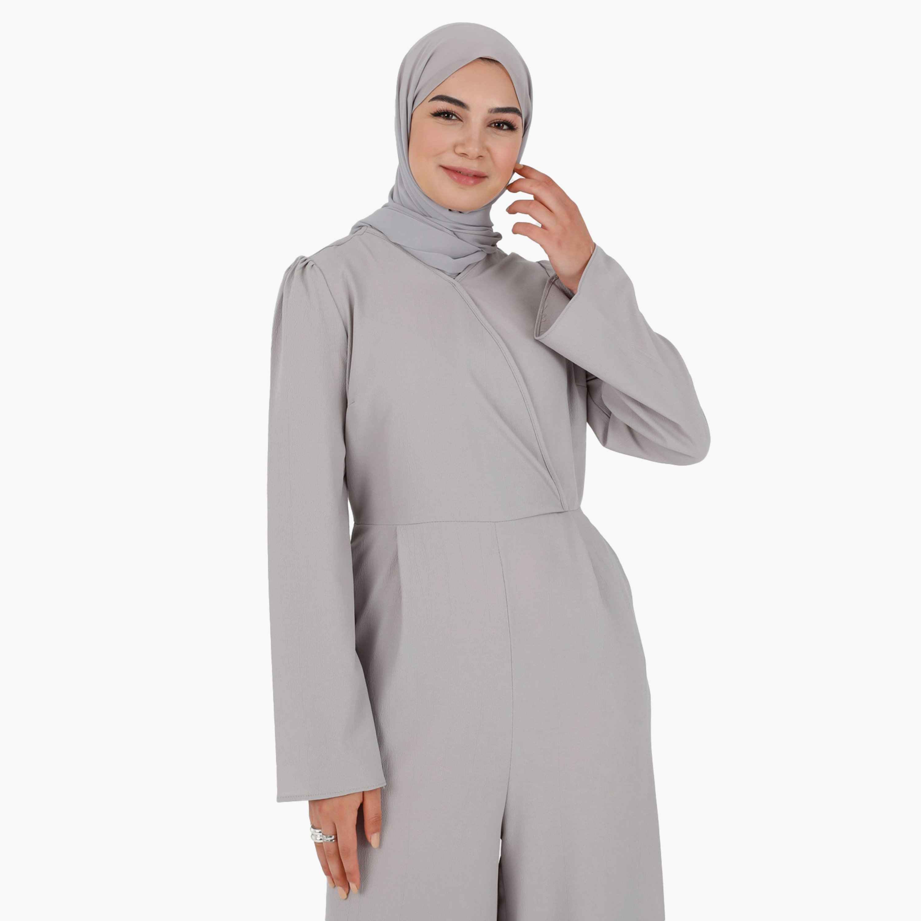 Modanisa Plain V-Neck Jumpsuit with Back Zip Closure-women-clothing-dresses-image-3
