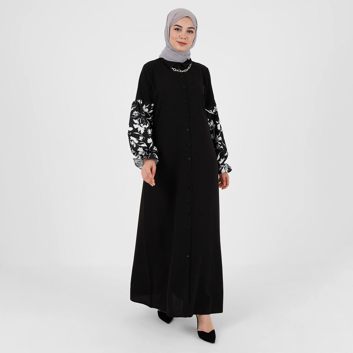 جلابية نسائية من مودانيسا مع سوداء مطبوعة بياقة دائرية مع أزرار-women-clothing-dresses-image-1