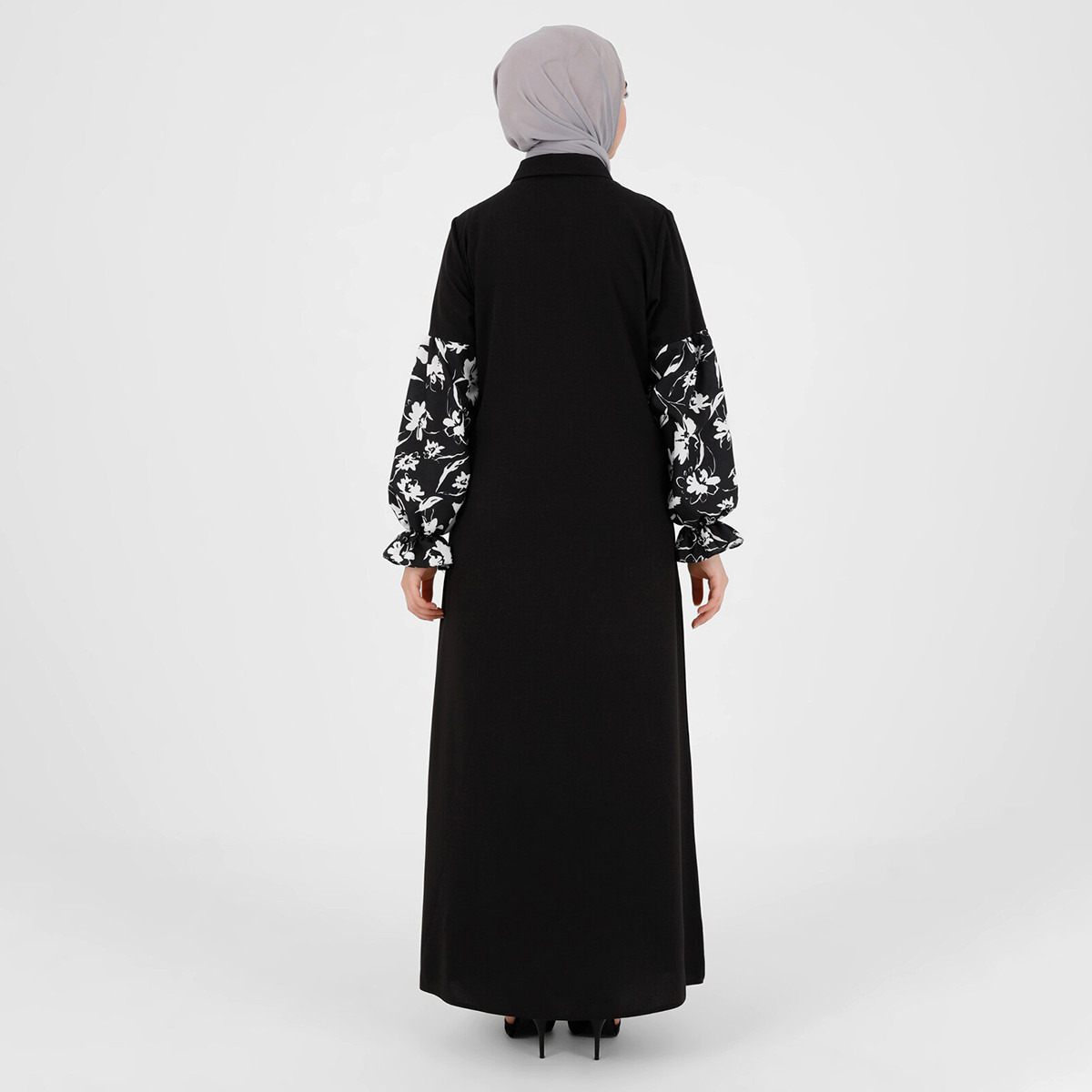 Modanisa Women Black Printed Collared Neck Buttoned Jalabiya-women-clothing-dresses-image-2