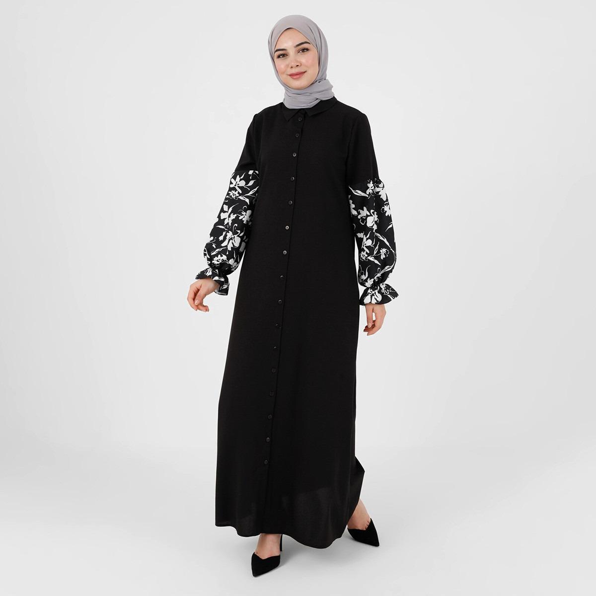 Modanisa Women Black Printed Collared Neck Buttoned Jalabiya-women-clothing-dresses-image-3