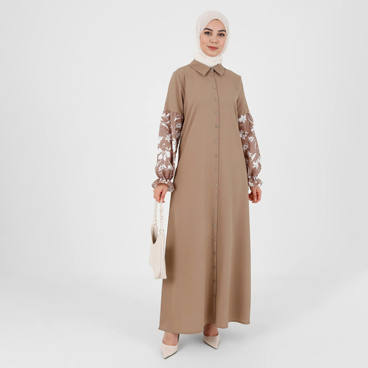 Modanisa Women Brown Printed Collared Neck Buttoned Jalabiya-women-clothing-dresses-image-1