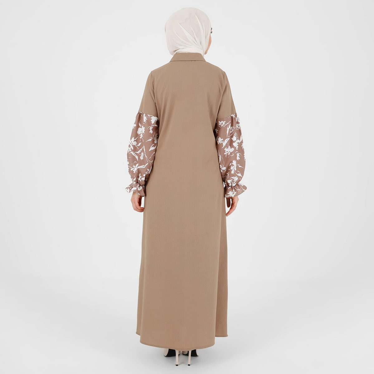 Modanisa Women Brown Printed Collared Neck Buttoned Jalabiya-women-clothing-dresses-image-2