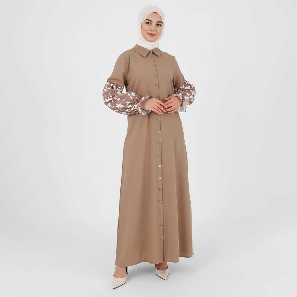Modanisa Women Brown Printed Collared Neck Buttoned Jalabiya-women-clothing-dresses-image-3