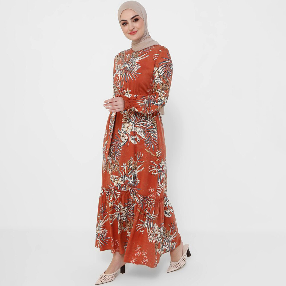 Women Printed Red Tie Belt Maxi Dress Tavin By Modanisa-women-clothing-dresses-image-1