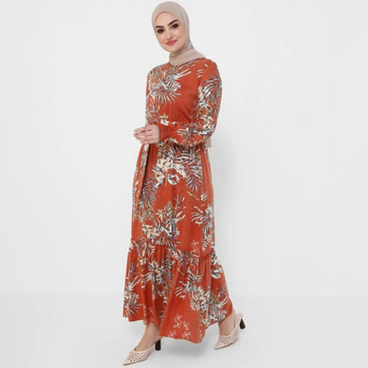 Women Printed Red Tie Belt Maxi Dress Tavin By Modanisa-women-clothing-dresses-image-2