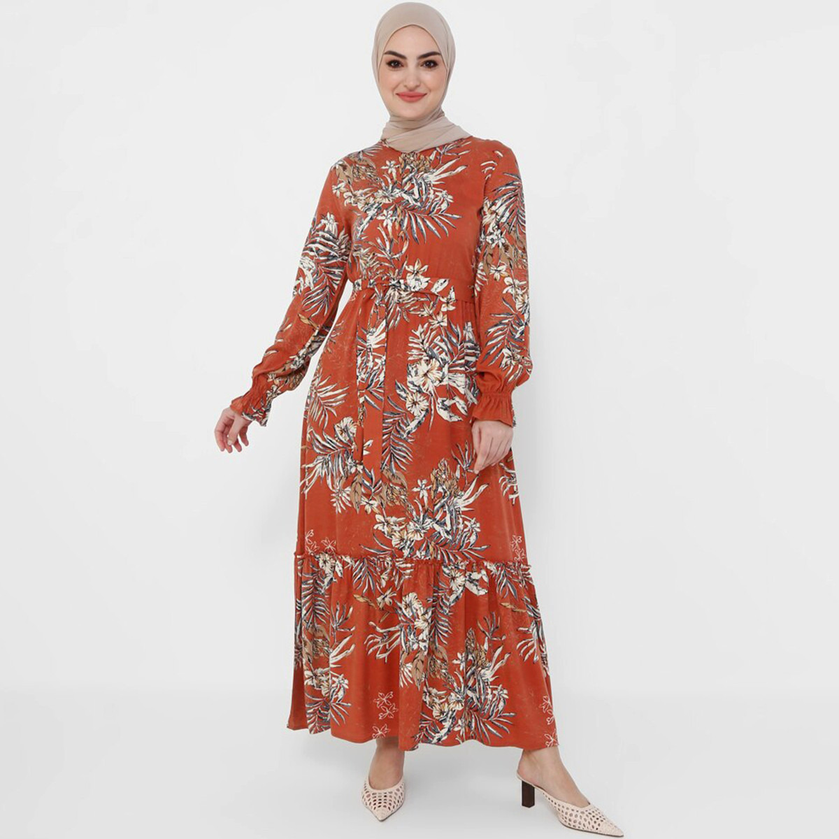 Women Printed Red Tie Belt Maxi Dress Tavin By Modanisa-women-clothing-dresses-image-3