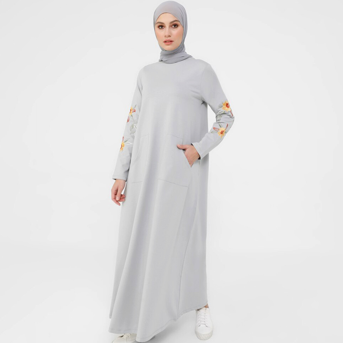 Women Solid Grey Round Neck Maxi Dress Refka By Modanisa-women-clothing-dresses-image-3