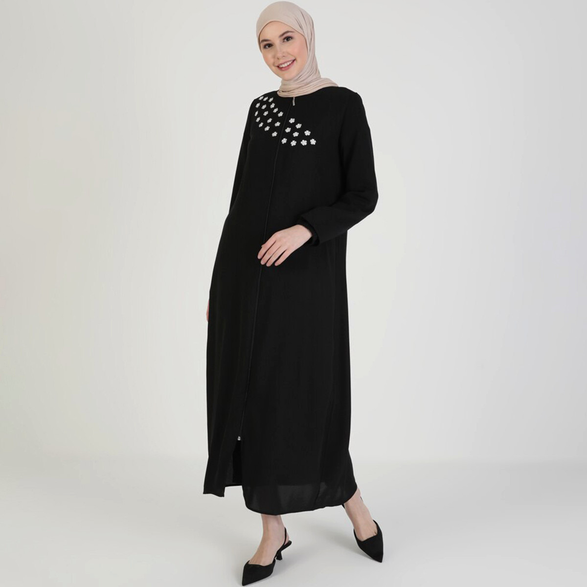 Women Embroidered Black Front Zipper Abaya ENSANUR MODA By Modanisa-women-arabicclothing-abayas-image-1