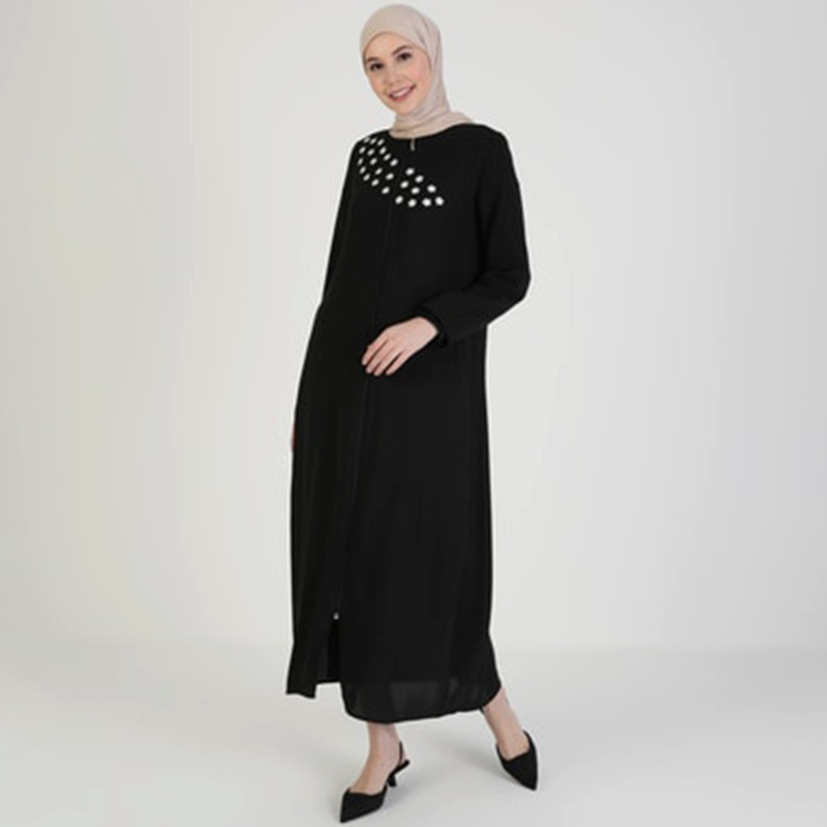 Women Embroidered Black Front Zipper Abaya ENSANUR MODA By Modanisa-women-arabicclothing-abayas-image-2