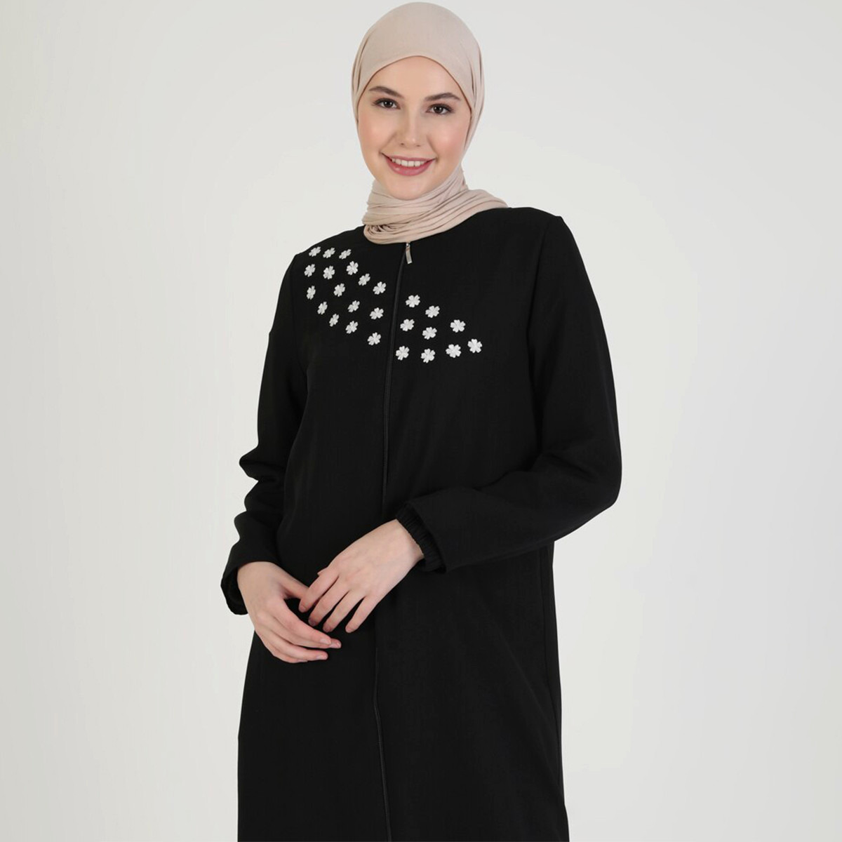 Women Embroidered Black Front Zipper Abaya ENSANUR MODA By Modanisa-women-arabicclothing-abayas-image-3