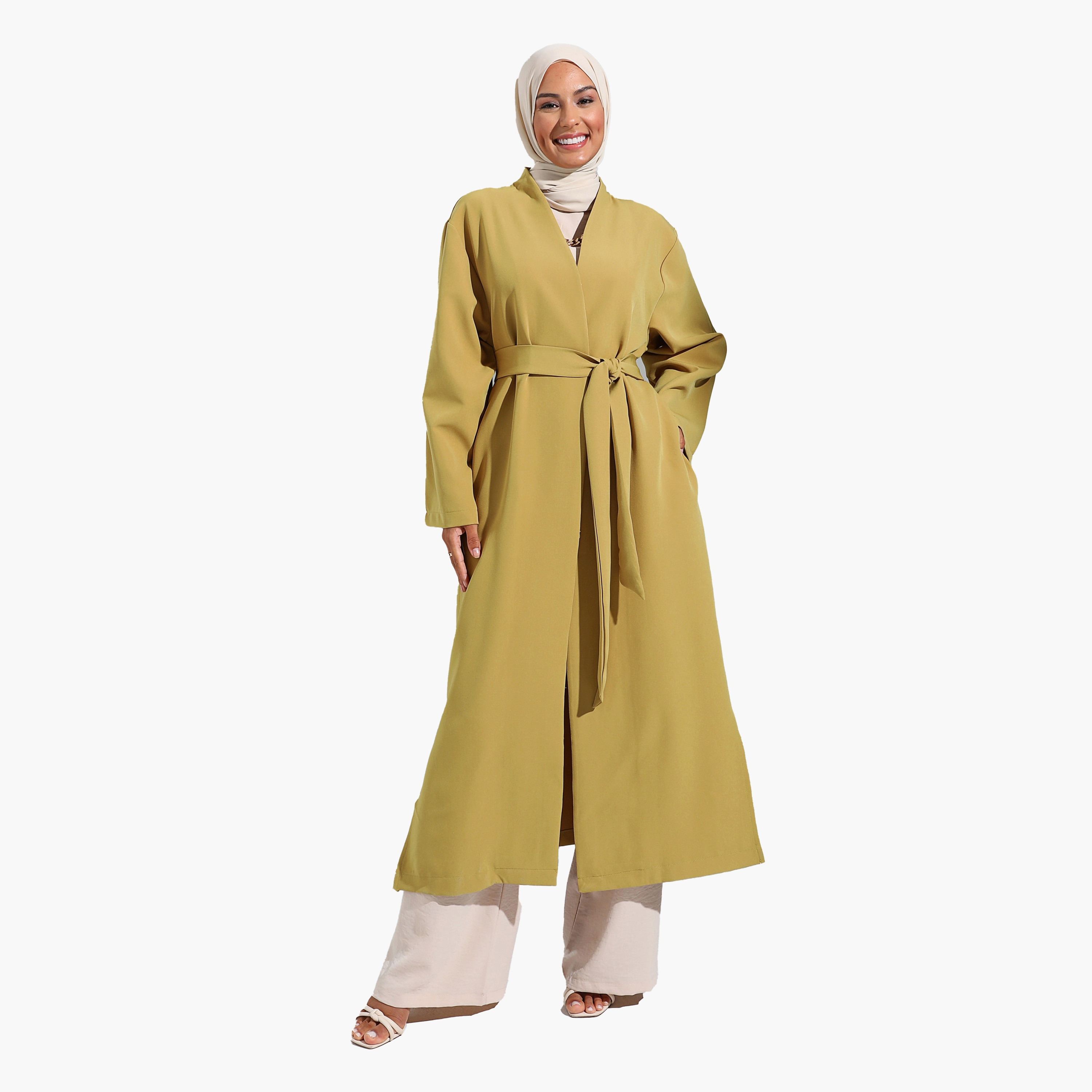 Modanisa Plain Shawl Collar Tie Belt Topcoat-women-clothing-coatsandjackets-coats-image-1