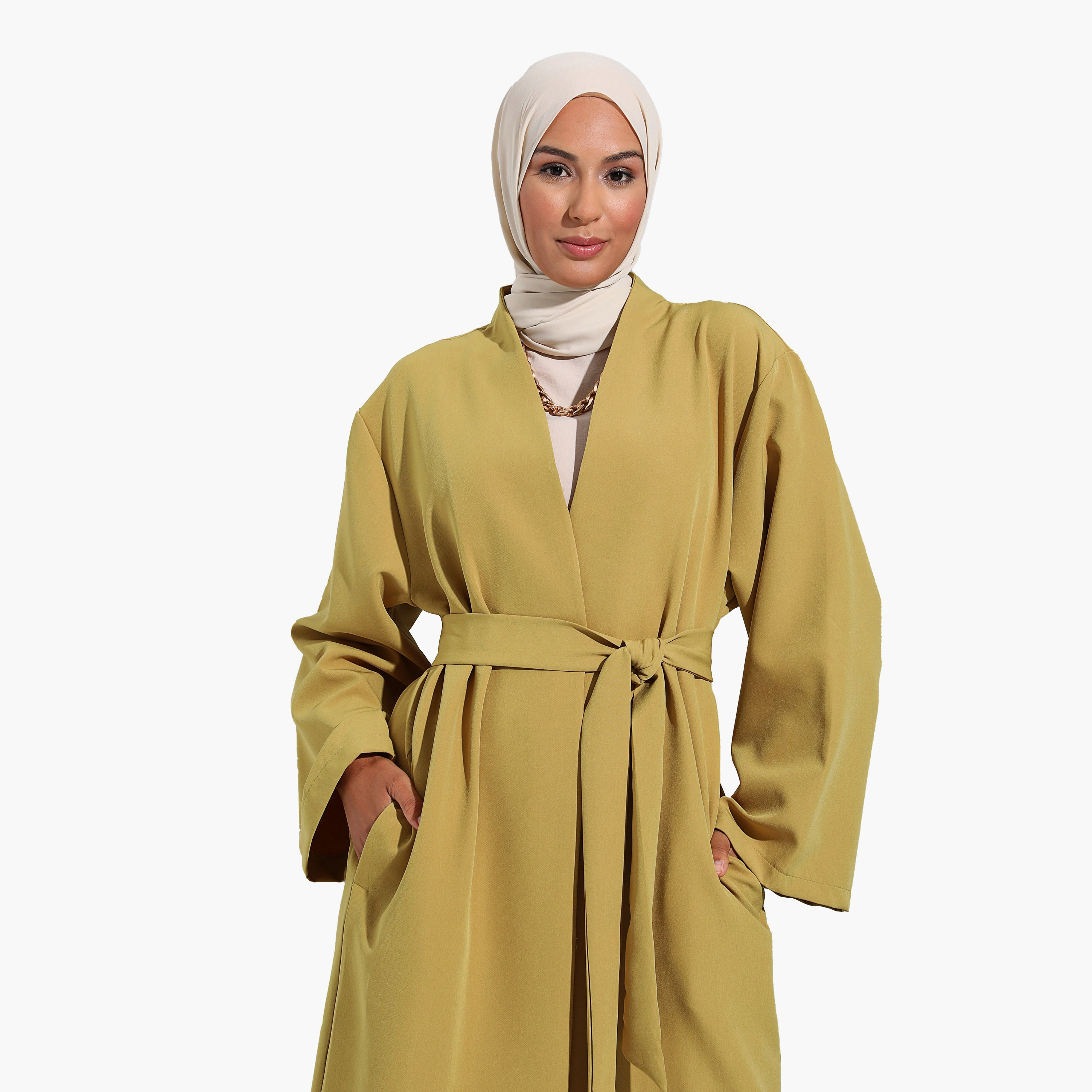 Modanisa Plain Shawl Collar Tie Belt Topcoat-women-clothing-coatsandjackets-coats-image-3