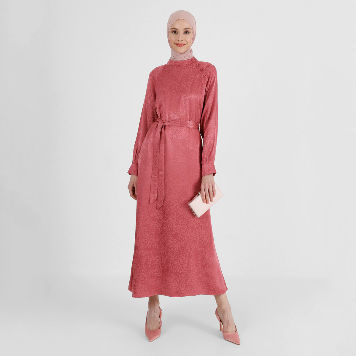 Modanisa Women Pink Printed Tie Belt Dress with Button Detail-women-clothing-dresses-image-1
