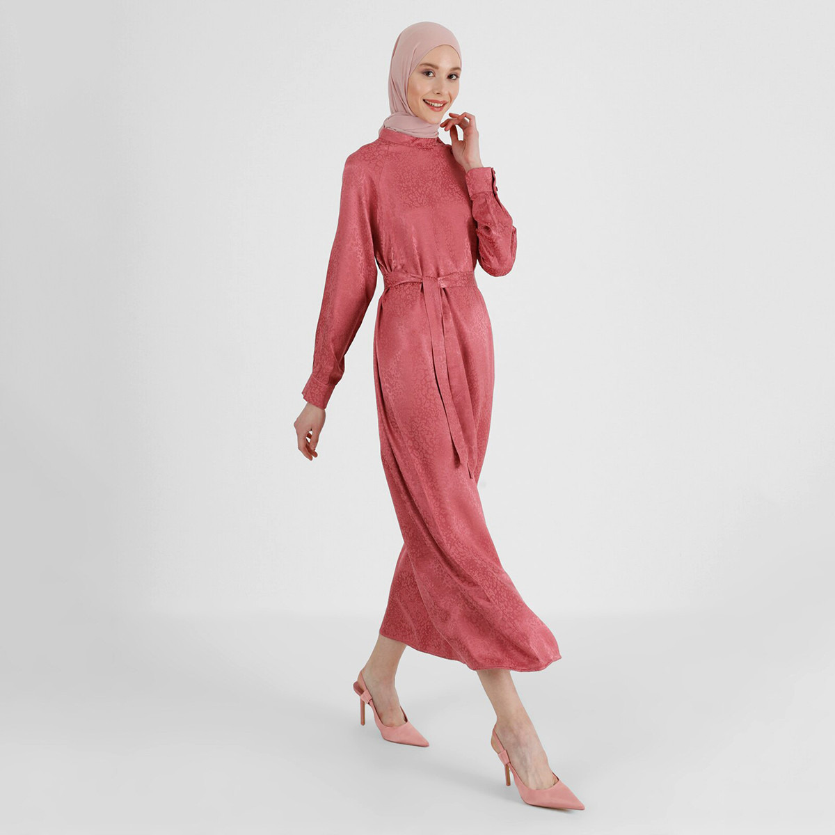 Modanisa Women Pink Printed Tie Belt Dress with Button Detail-women-clothing-dresses-image-2