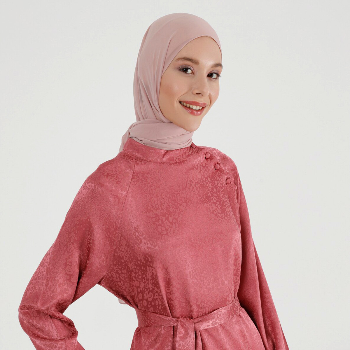 Modanisa Women Pink Printed Tie Belt Dress with Button Detail-women-clothing-dresses-image-3