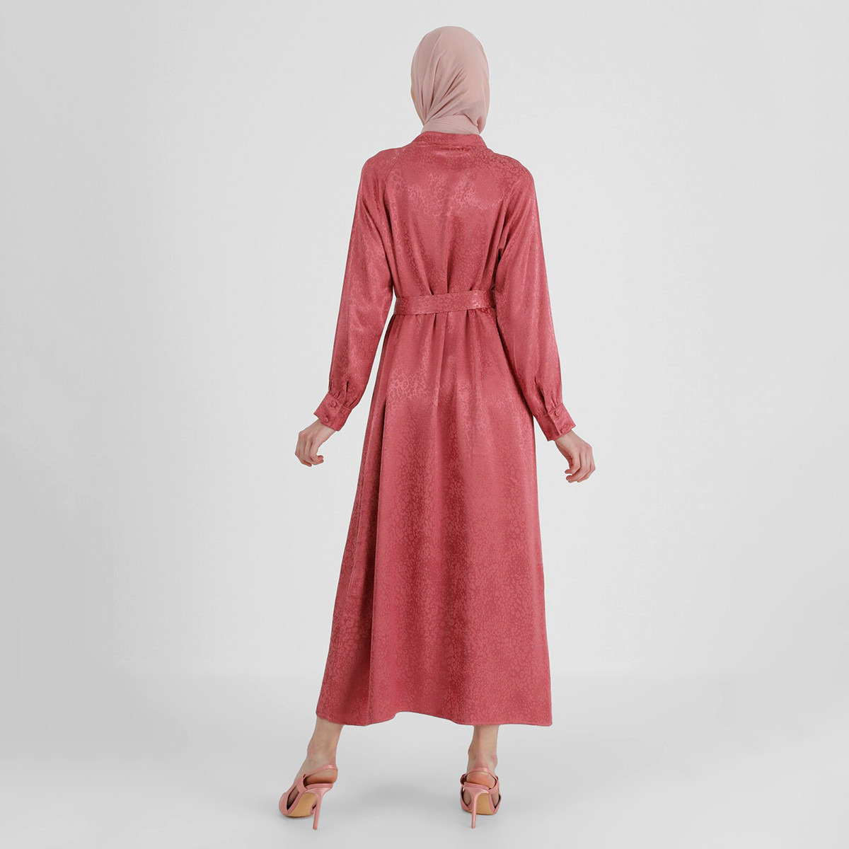 Modanisa Women Pink Printed Tie Belt Dress with Button Detail-women-clothing-dresses-image-5