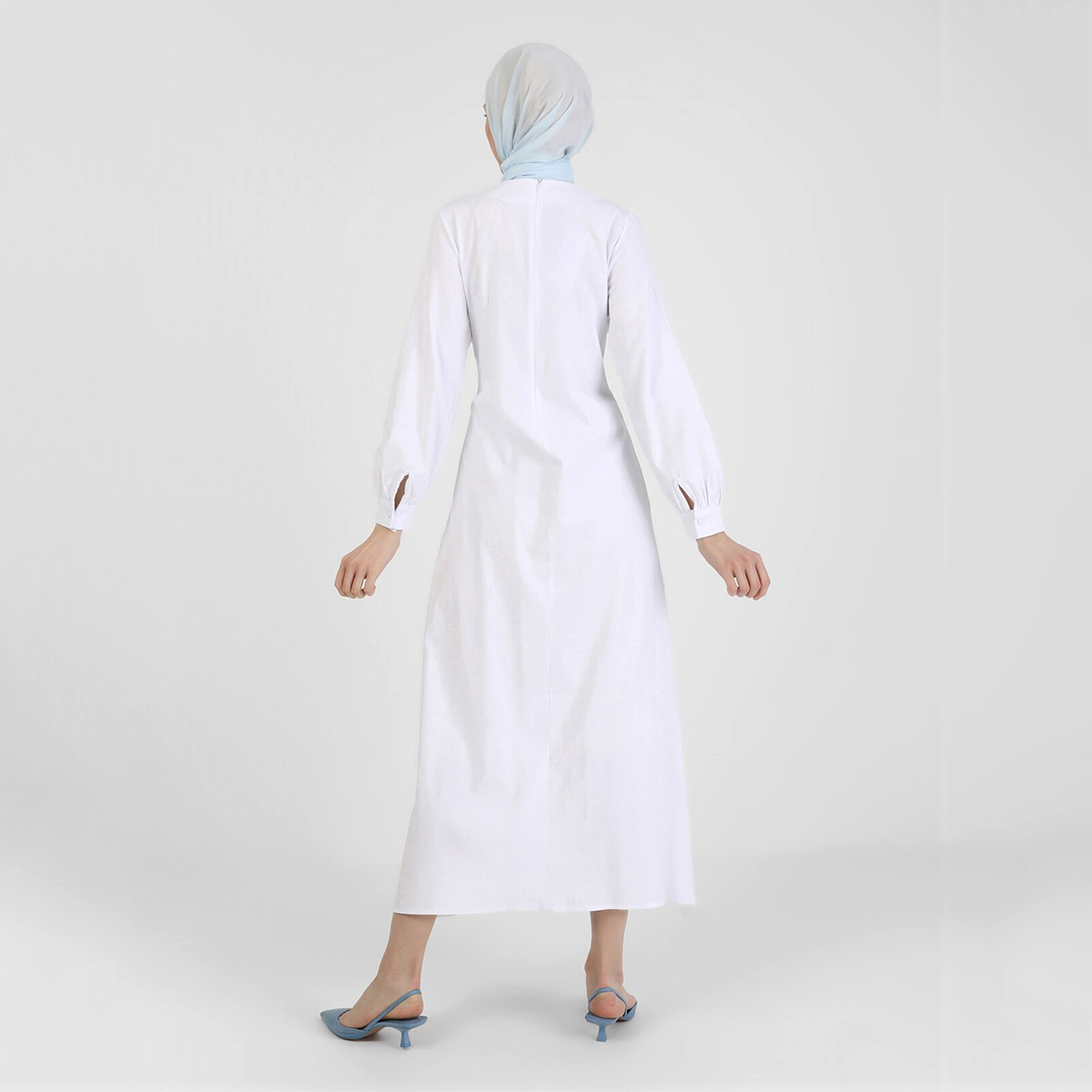 Modanisa Women White Plain Back Zipper Pleated Dress-women-clothing-dresses-image-5