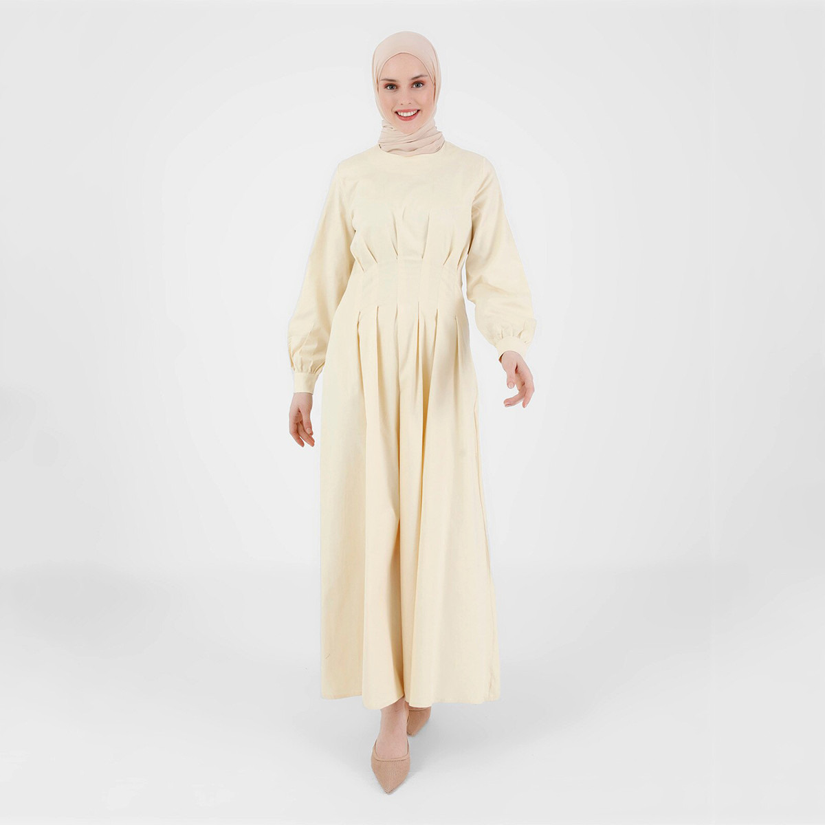 Modanisa Women Light Yellow Plain Back Zipper Pleated Dress-women-clothing-dresses-image-1