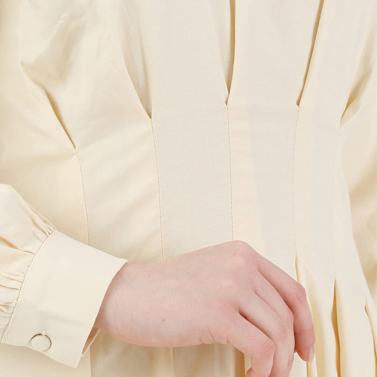 فستان مودانيسا نسائي أصفر فاتح سادة بطيات مع سحاب خلفي-women-clothing-dresses-image-3