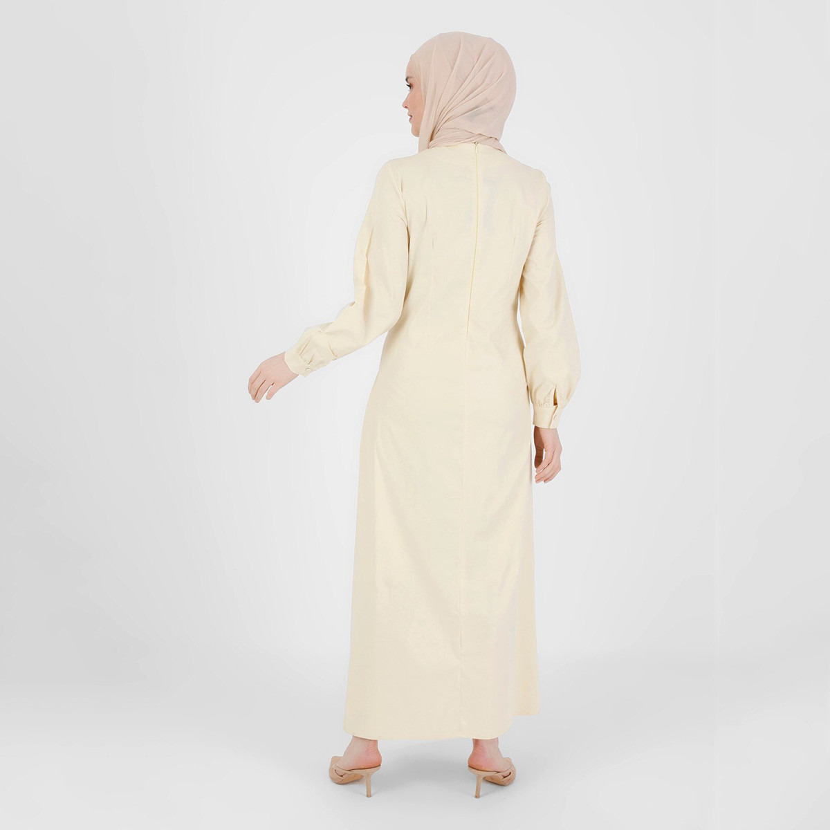 فستان مودانيسا نسائي أصفر فاتح سادة بطيات مع سحاب خلفي-women-clothing-dresses-image-4