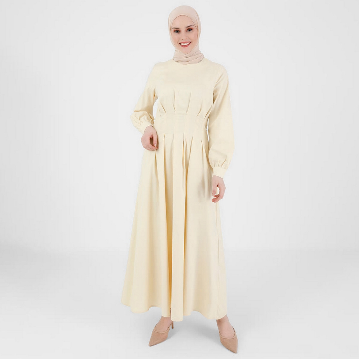 فستان مودانيسا نسائي أصفر فاتح سادة بطيات مع سحاب خلفي-women-clothing-dresses-image-5