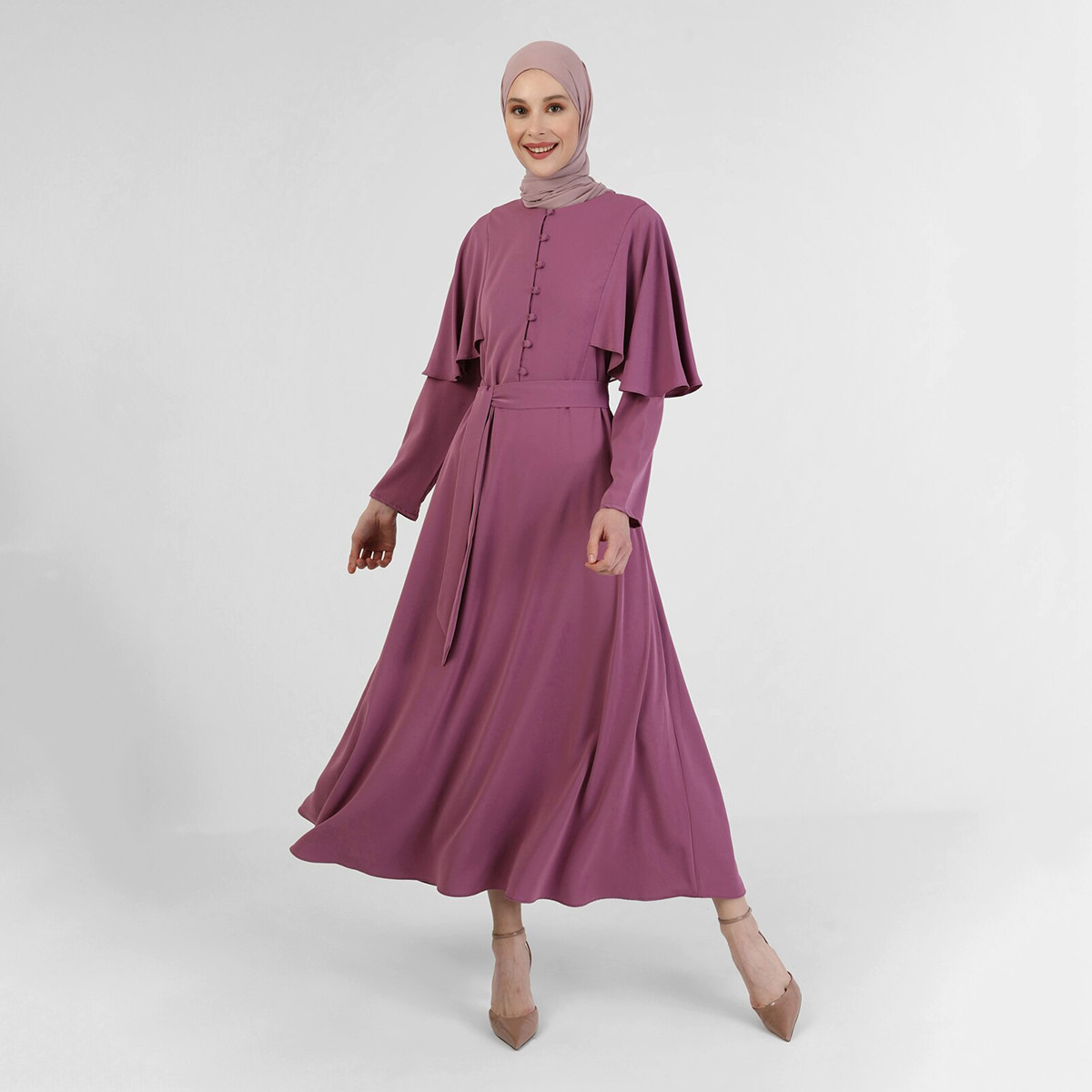 فستان مودانيسا نسائي بنفسجي سادة بحزام مع زر للإغلاق-women-clothing-dresses-image-1