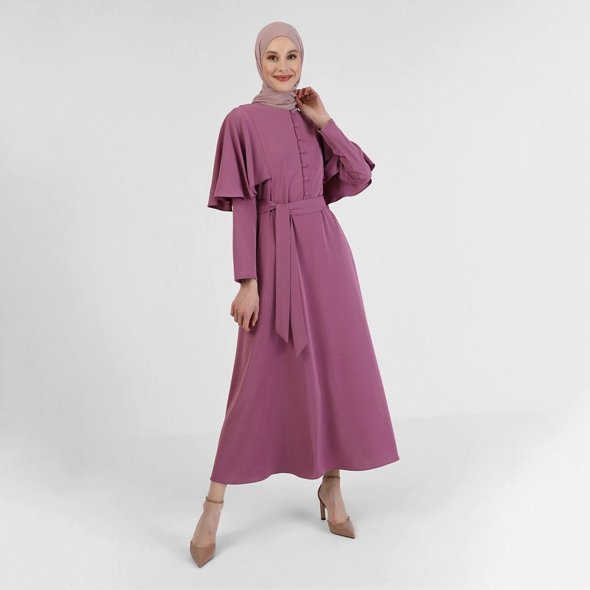 فستان مودانيسا نسائي بنفسجي سادة بحزام مع زر للإغلاق-women-clothing-dresses-image-2