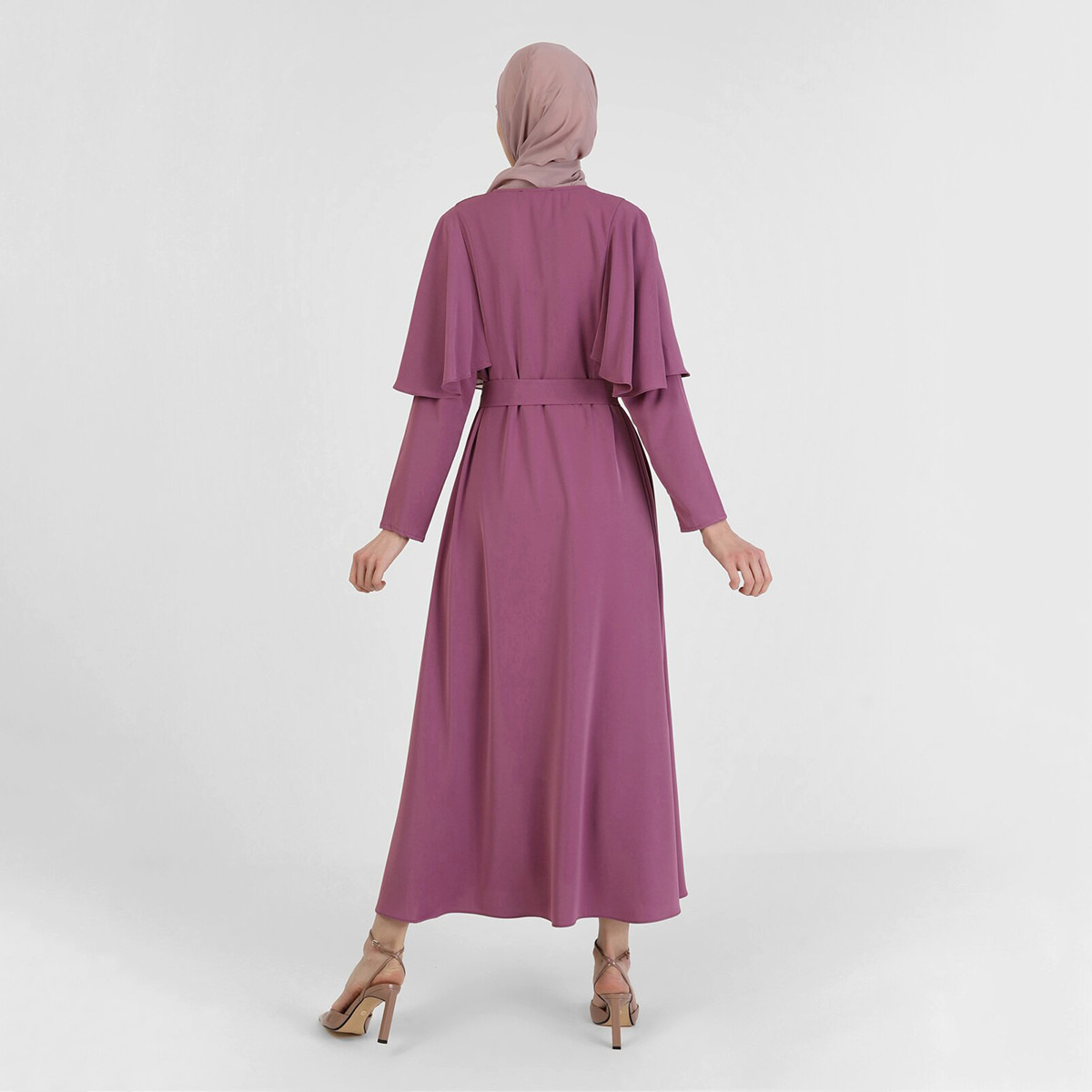 فستان مودانيسا نسائي بنفسجي سادة بحزام مع زر للإغلاق-women-clothing-dresses-image-5