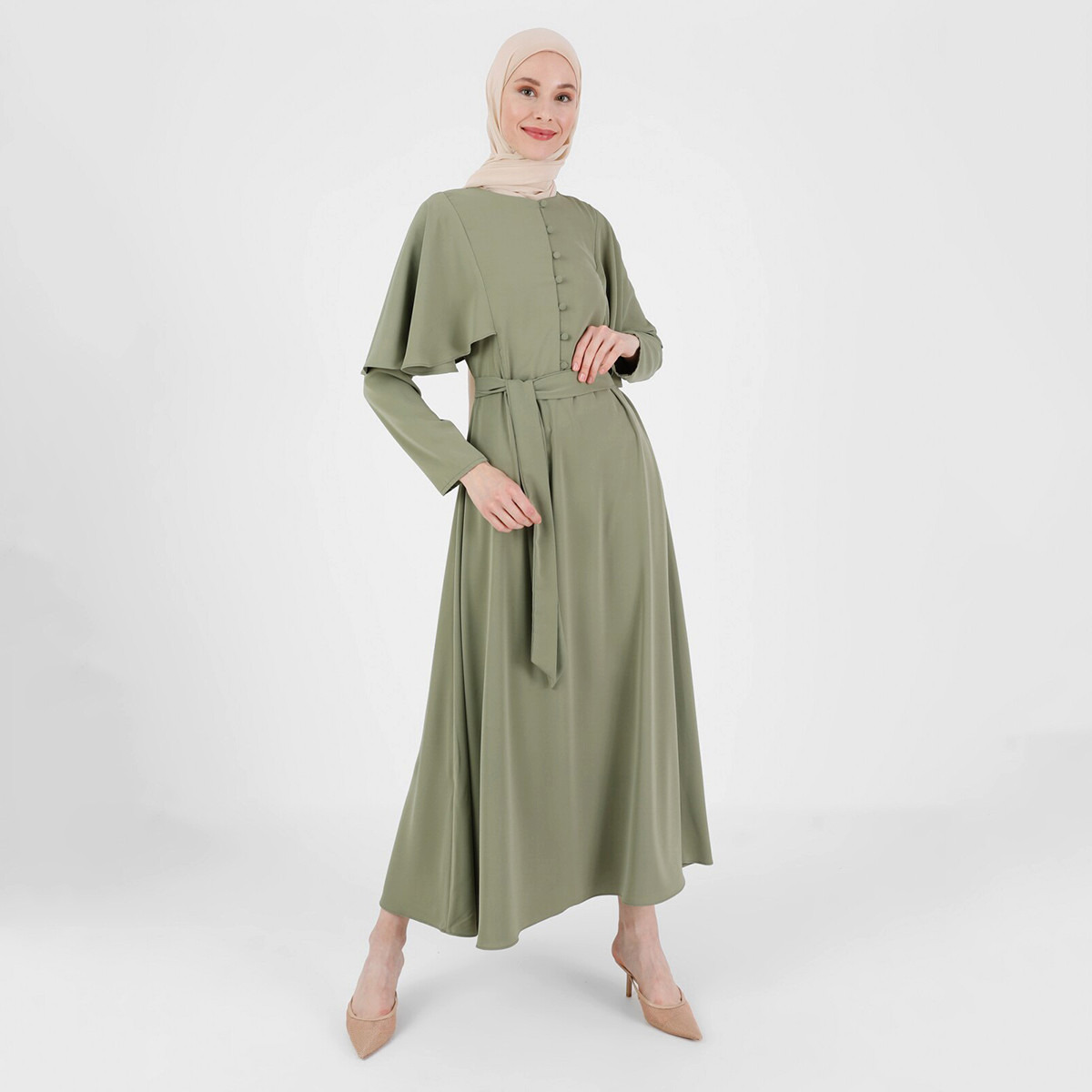 Modanisa Women Green Plain Tie Belt Dress with Button Closure-women-clothing-dresses-image-1
